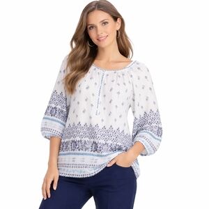 Johnny Was Boho White Floral Blouse Cotton Gauze 3/4 Sleeve Relaxed Fit Size L